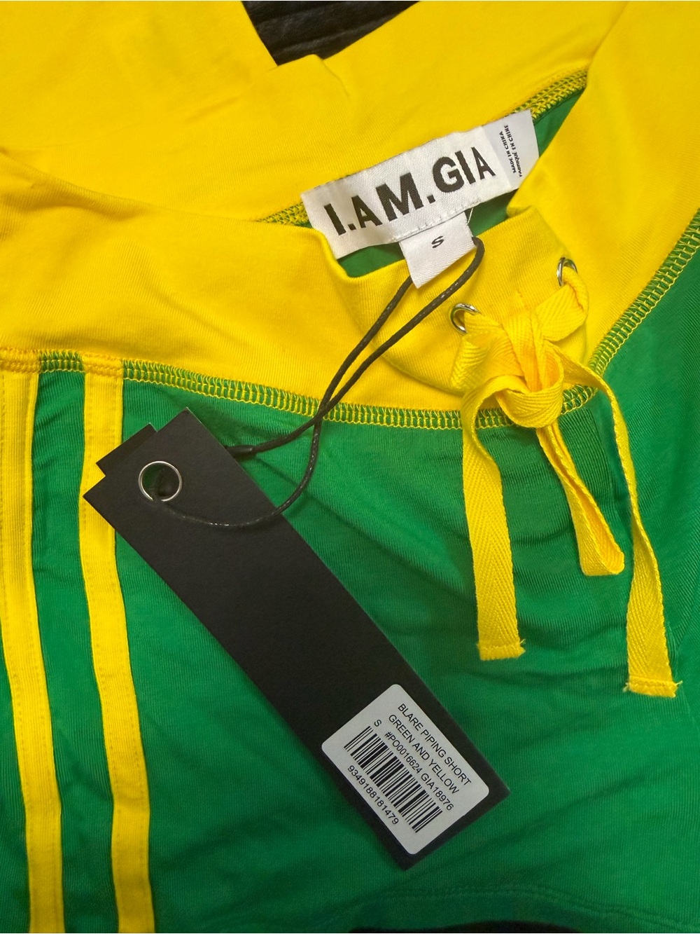 I.AM.GIA Yellow Halter Tank with Green Trim and Green Drawstring Shorts - Picture 3 of 5